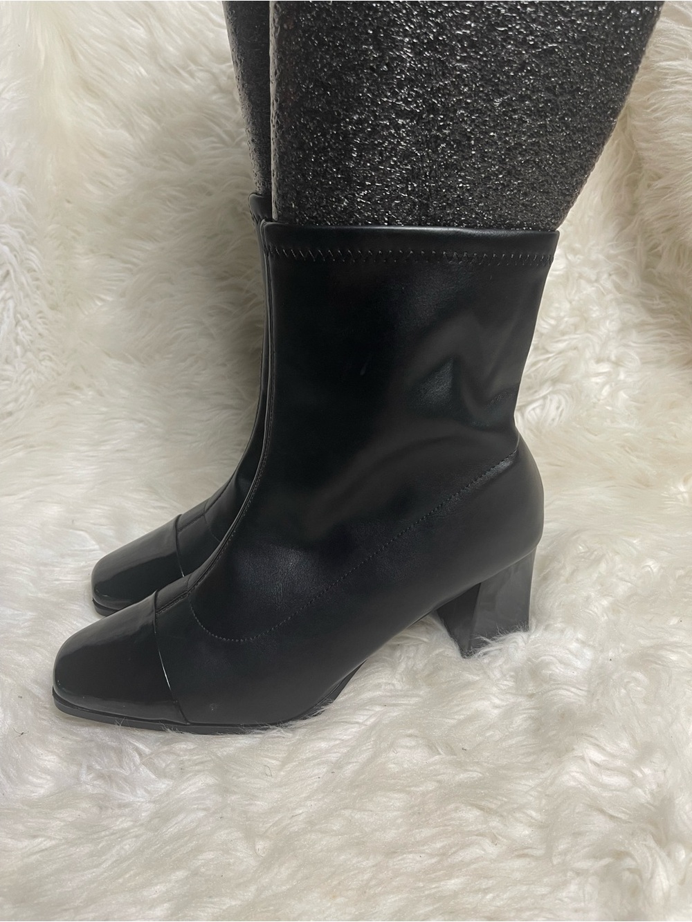 Dominique Nicole synthetic Black Mid calf patent cap toe block heel Boots SZ12W